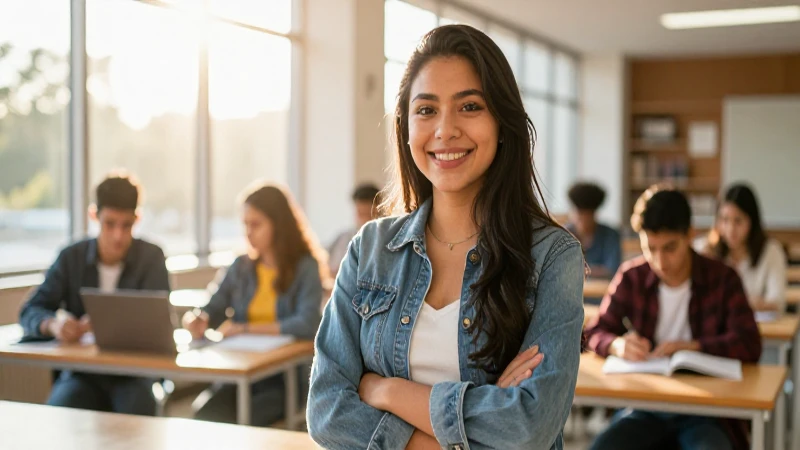 Estudiante mexicano exitoso en campus moderno