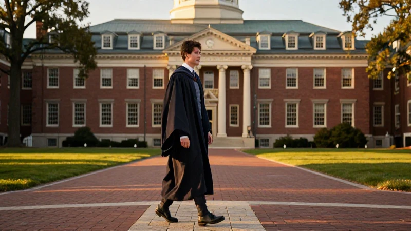 Estudiante en Harvard bajo dramática luz dorada