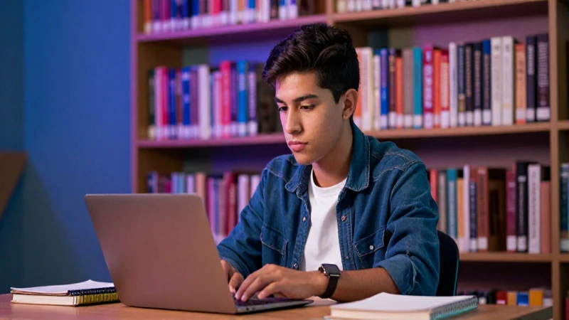 Estudiante mexicano concentrado en biblioteca moderna
