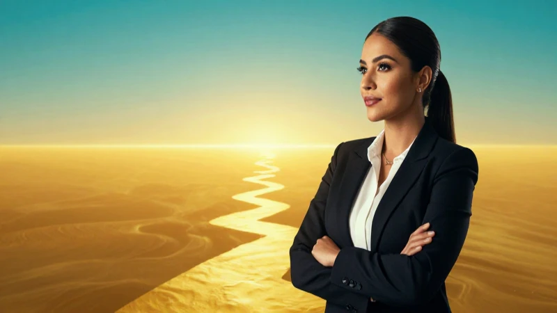 Mujer mexicana profesional frente a un horizonte dorado