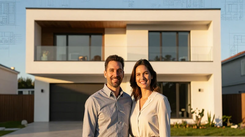 Pareja sonriente en casa moderna con luz dorada