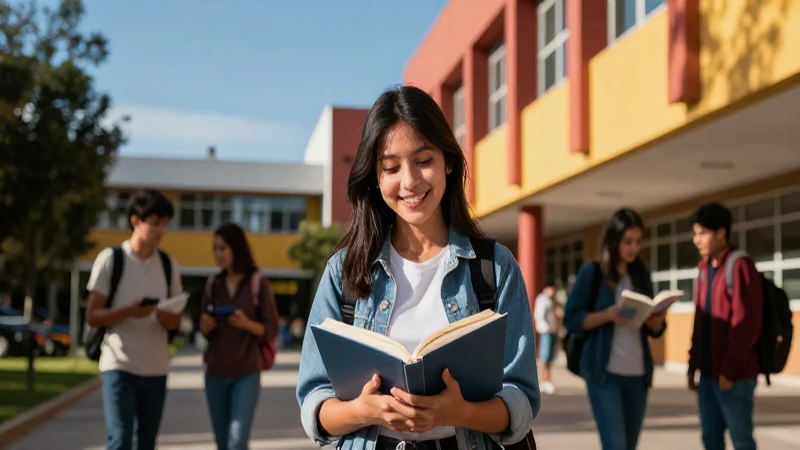 Estudiante universitario sonriente en campus vibrante