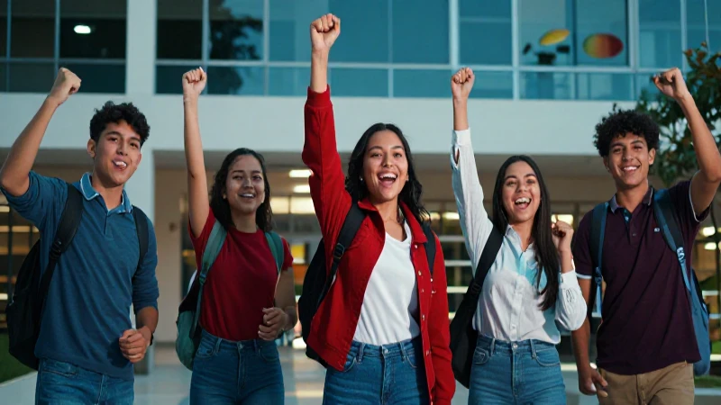 Estudiantes mexicanos celebrando éxito académico en campus moderno