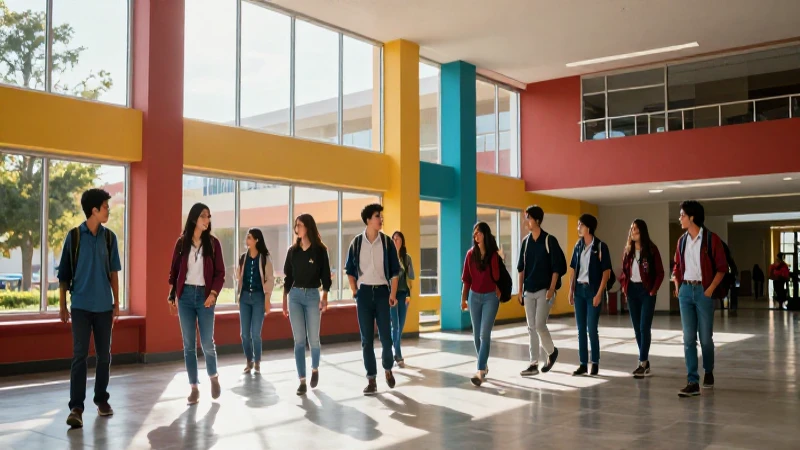 Estudiantes mexicanos en campus vibrante con luz cinematográfica