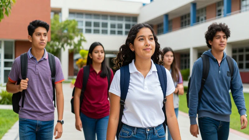 Estudiantes mexicanos vibrantes en campus moderno y optimista