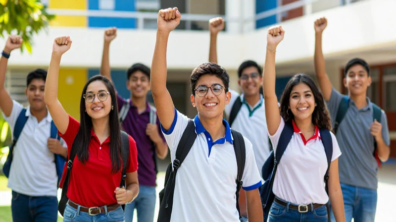 Estudiantes mexicanos celebrando éxito académico en campus moderno
