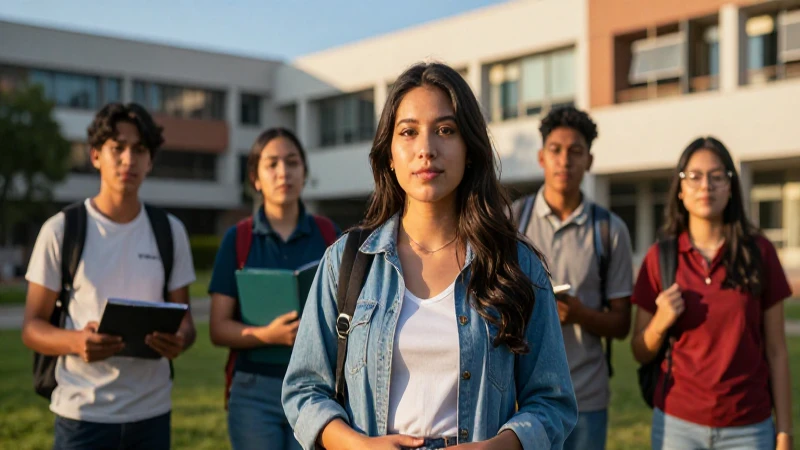 Jóvenes universitarios mexicanos en campus moderno y dorado