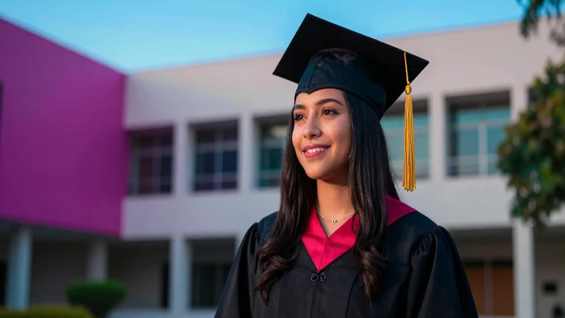 Estudiante mexicano graduado en campus moderno y vibrante