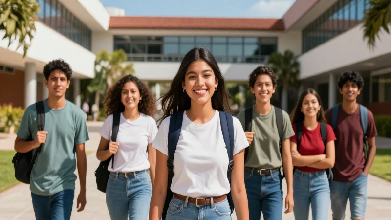 Estudiantes mexicanos sonriendo en campus moderno