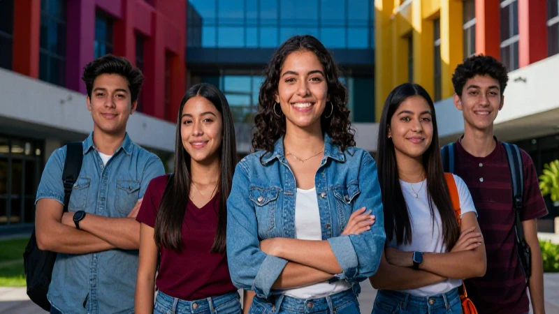 Estudiante mexicano sonriendo en campus universitario moderno