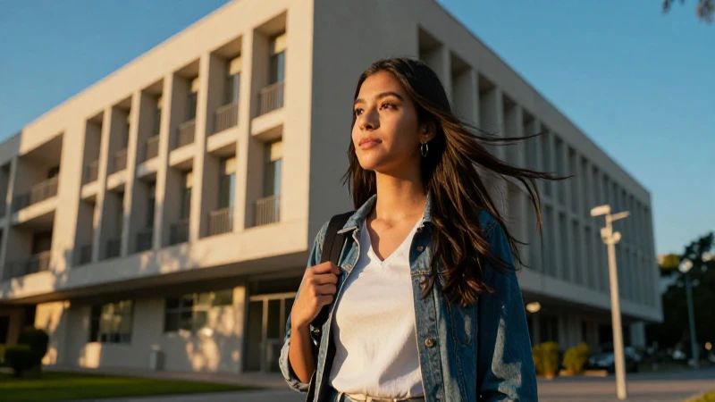 Estudiante vibrante, campus, luz dorada