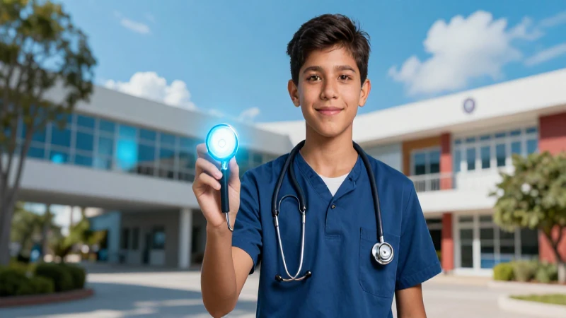 Joven médico mexicano en campus futurista