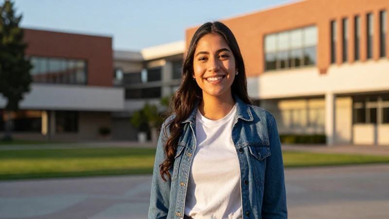 Joven sonriente en campus vibrante