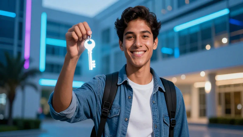 Estudiante sonriente sostiene llave futurista