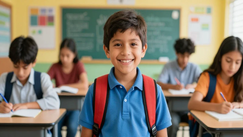 Niño mexicano sonriente en aula moderna