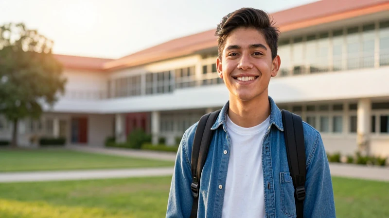Joven mexicano sonríe en campus escolar moderno