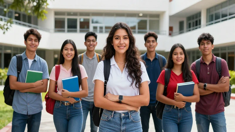 Estudiantes mexicanos vibrantes en campus moderno