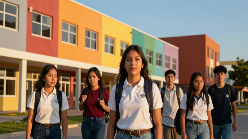 Estudiantes mexicanos en campus moderno al atardecer