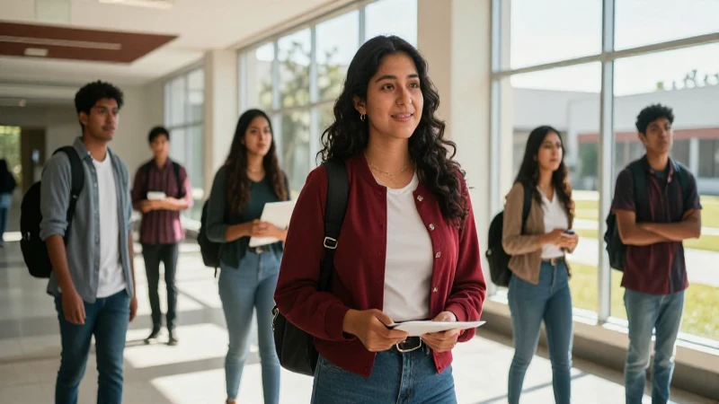 Estudiantes mexicanos en campus moderno y luminoso