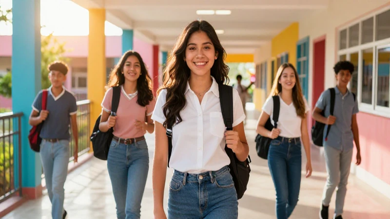 Estudiantes mexicanos en un pasillo vibrante de escuela