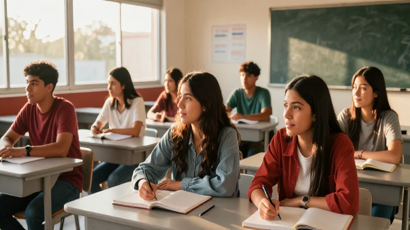 Estudiantes mexicanos en aula moderna con luz dorada