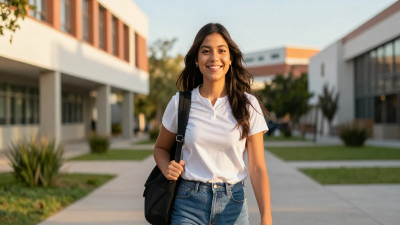 Joven sonríe en campus, con luz dorada