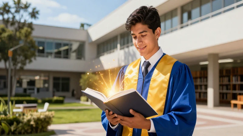 Joven estudiante con libro radiante en campus