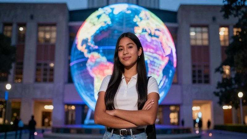 Estudiante mexicano en campus moderno y vibrante