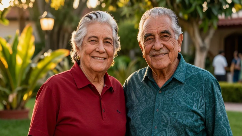 Pareja mexicana mayor sonríendo en jardín dorada