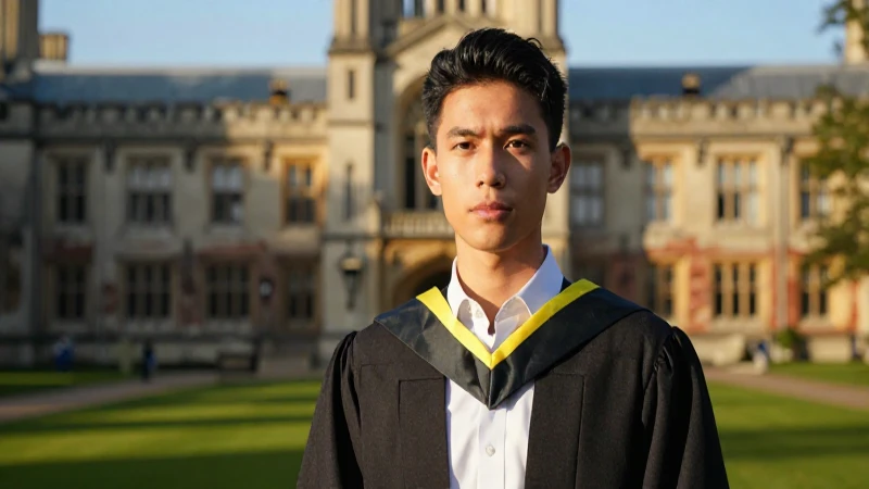 Retrato de graduado épico en antiguo campus universitario