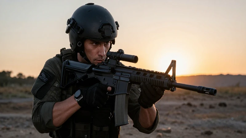 Soldado táctico intenso entrenando al amanecer