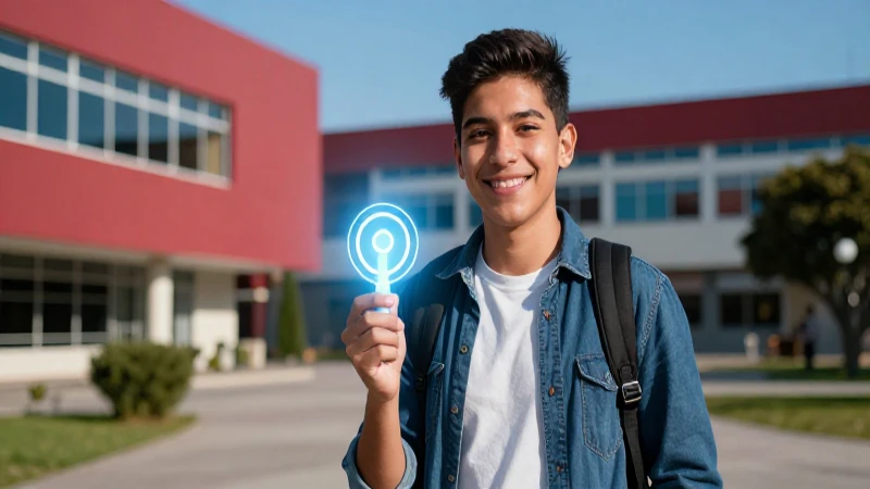 Estudiante mexicano brillante en campus moderno