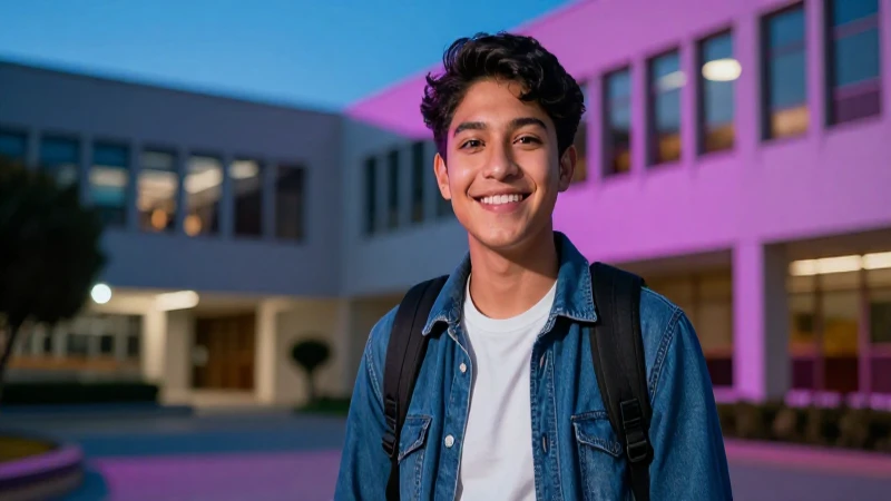 Estudiante sonriente en campus universitario moderno
