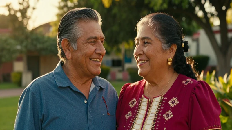 Pareja mexicana sonriente en jardín dorado