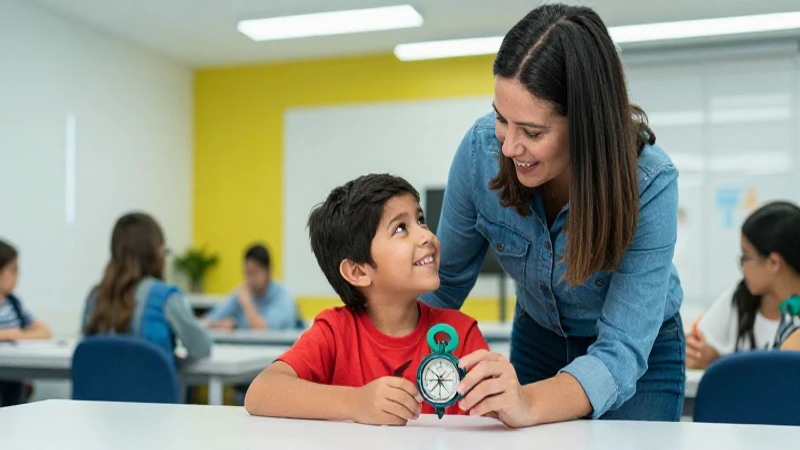 Adulto amable guía a niño sonriente en entorno educativo