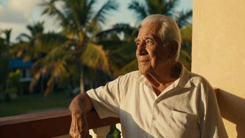 Retrato digno de anciano mexicano en balcón tropical