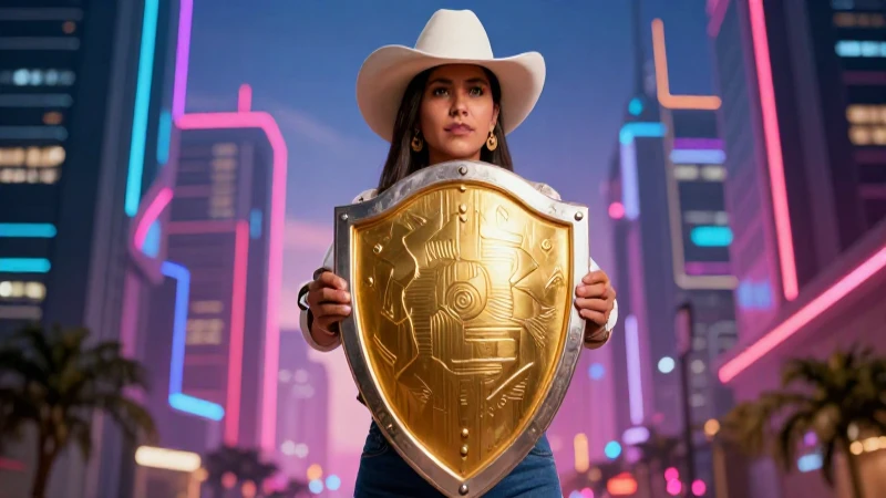Profesional mexicano con escudo futurista dorado