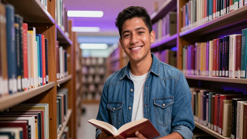 Estudiante mexicano sonríe en moderna biblioteca