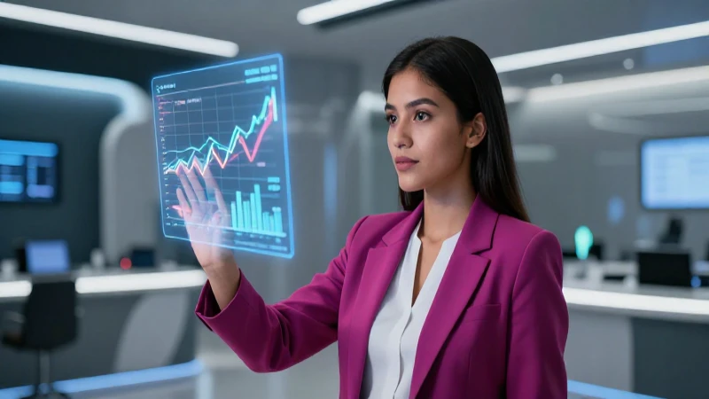 Joven mexicano analiza gráfica financiera futurista