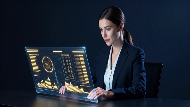 Joven mujer profesional con datos financieros holográficos