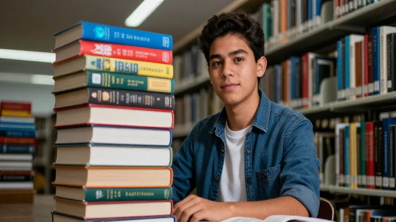 Estudiante mexicano ambicioso en librería moderna