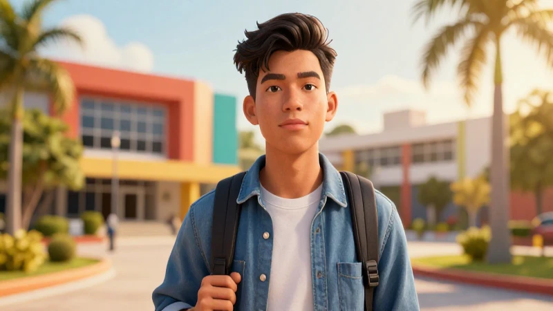 Joven mexicana sonríe frente a campus universitario vibrante