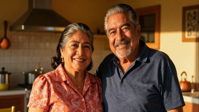 Pareja mexicana feliz en cocina al atardecer