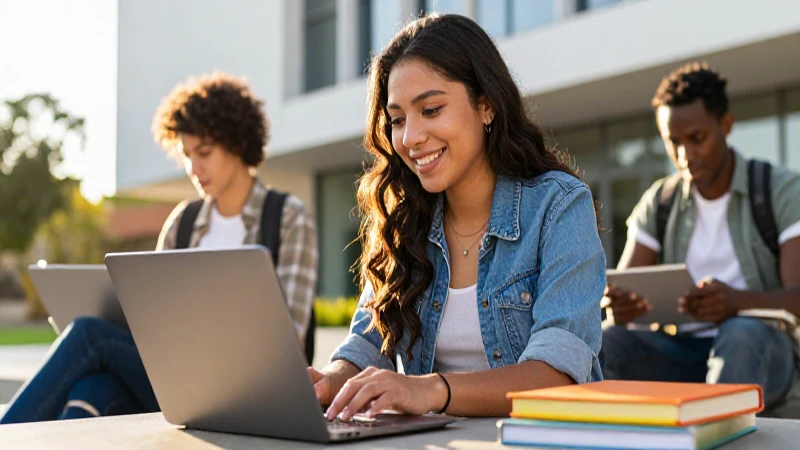 Estudiante mexicana feliz estudiando con equipo moderno