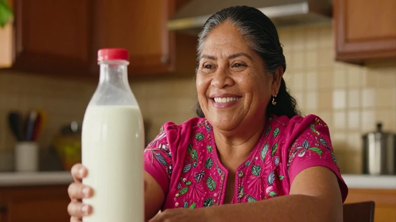 Madre mexicana sonriente con leche en cocina