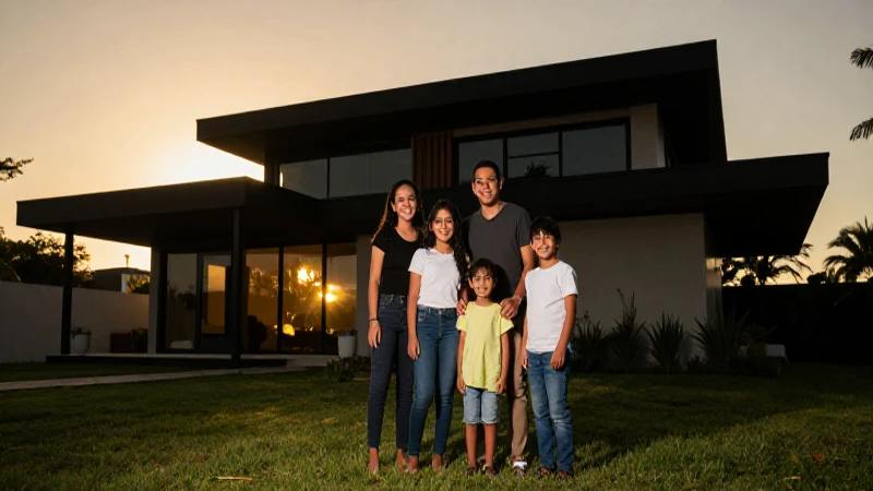 Familia mexicana sonríe en casa moderna al atardecer