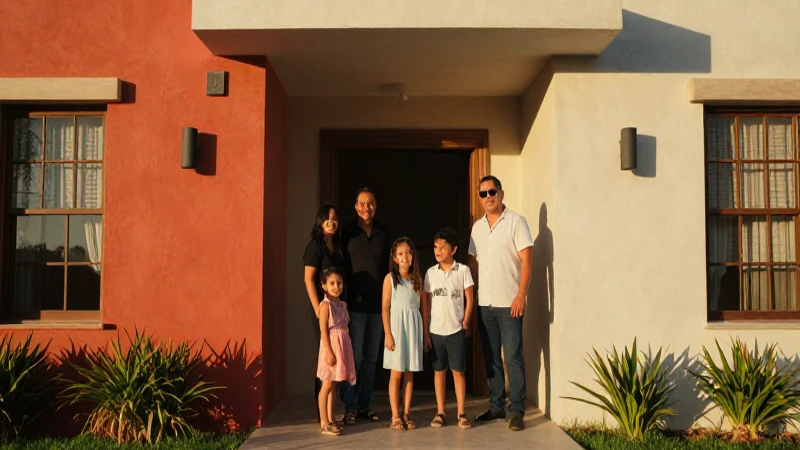 Familia mexicana diversa en casa moderna al atardecer