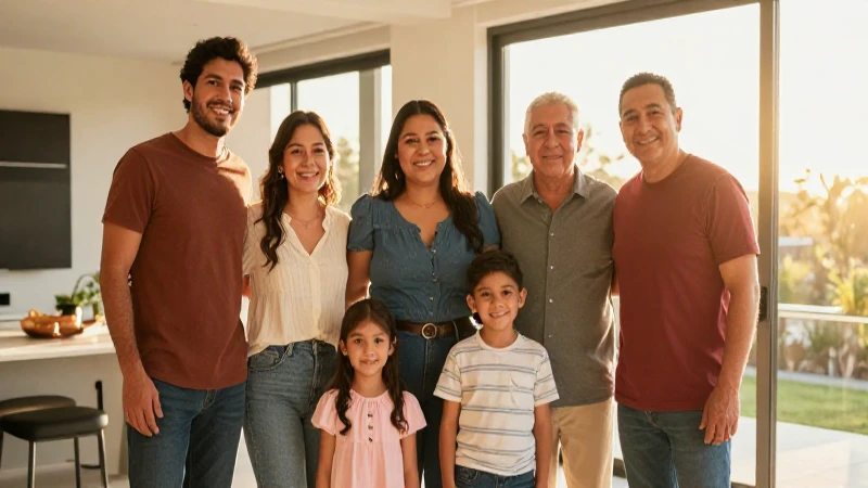 Familia mexicana feliz en casa moderna y luminosa
