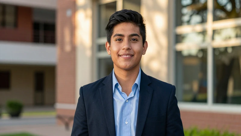 Estudiante mexicano confiado en campus iluminado