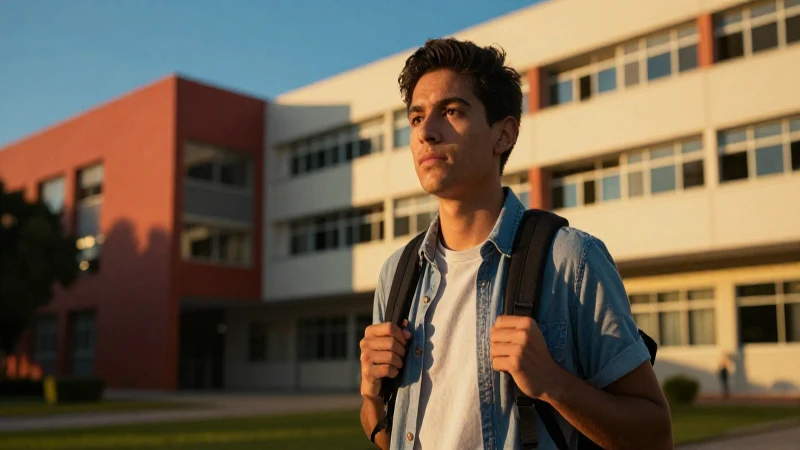 Joven mexicano en campus vibrante y dorado